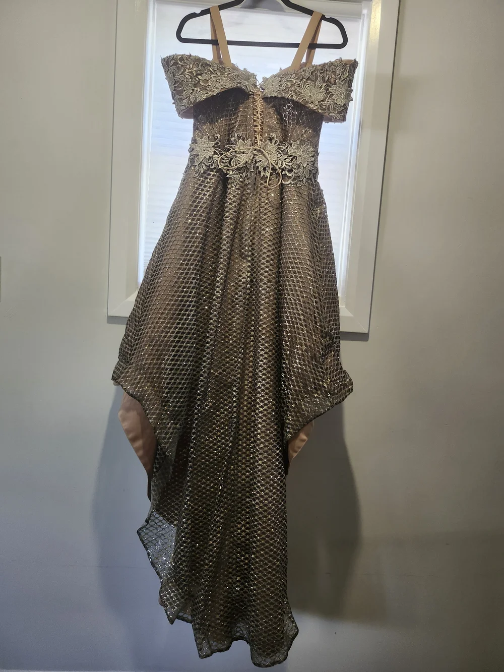 Off-Shoulder Metallic Bronze High-Low Cocktail Dress - Picture 5 of 5